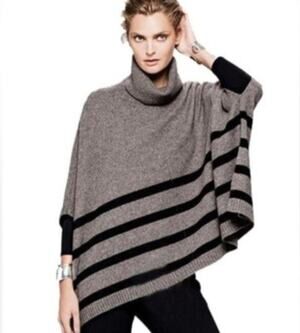 TAHARI Women's M Wool & Yak Poncho Sweater Brown Black Striped Soft Quiet Luxury